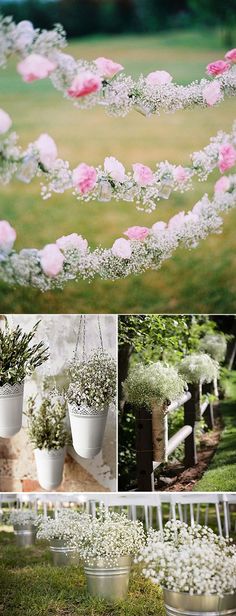 several different pictures of flowers hanging from the side of a building with white and pink flowers in them