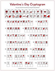 valentine's day cryptgram is shown in red and white, with hearts on it