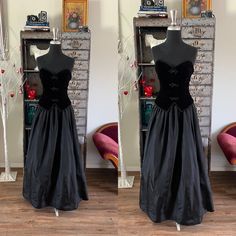 "<> 1980's 90's dress <> Nylon zipper back  <> Black velvet bodice <> Frog closure accent on the bodice  <> Sweetheart neckline <> Boned bodice <> Peplum hem trimmed in braided cord  <> Taffeta skirt with nylon and tulle crinoline lining    <> Label: Zum Zum  <> Condition: excellent, with light to normal wear. No outstanding flaws to note  Measurements Length: 51 Bust: 33\"-34\" max  Waist: 28\" Hips: free" Velvet Evening Corset Dress With Corset Back, Velvet Corset Back Dress For Evening, Vintage Evening Corset With Fitted Bodice, Vintage Fitted Bodice Corset For Evening, Vintage Overbust Corset Dress For Evening, Formal Vintage Corset Dress With Boned Bodice, Vintage Sleeveless Evening Corset, Vintage Corset Dress With Boned Bodice For Formal Occasions, Vintage Fitted Corset Dress For Evening