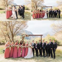 a group of people standing next to each other in front of a wooden structure with flowers on it