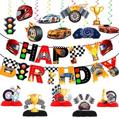 a happy birthday banner with racing cars and trophies