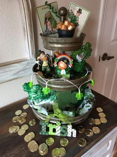 a pot full of coins sitting on top of a table