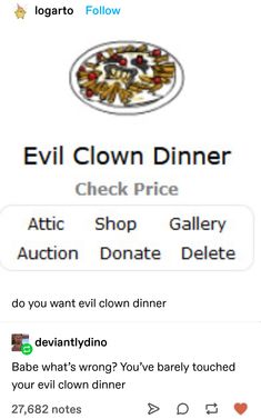 the evil clown dinner is now available on facebook, and it's free for everyone to check