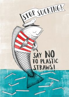 a drawing of a fish with an american flag on it's back and the words stop sucking say no to plastic straws