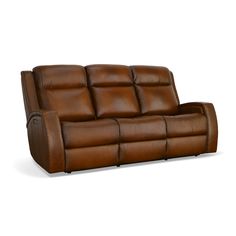 a brown leather reclining sofa with two arms and headrests, facing the camera