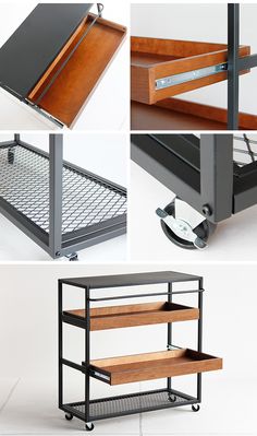 four different views of a shelf with drawers