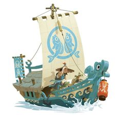 a cartoon pirate ship with an octopus on it's side and another boat in the background