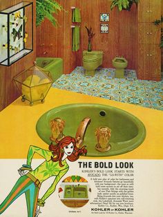 an old advertisement for the bold look bathroom sink with green fixtures and wood paneling