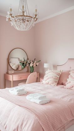 a bed with pink sheets and pillows in a bedroom next to a chandelier