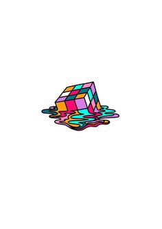 a drawing of a melting cube on a white background with blue, pink, yellow and green colors