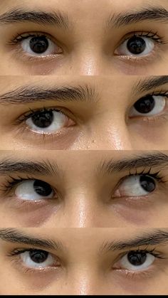 four different views of the eyes of a man with blue eyes and long black lashes