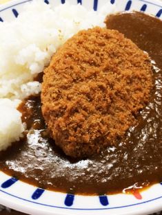 a plate with rice, meat and gravy covered in gravy on it