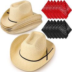 PRICES MAY VARY. Practical Set: you will receive 12 straw cowboy hats, and 12 polyester printed square scarfs (6 black and 6 red), the quantities are enough to meet your daily use and replacement, or as holiday or birthday gifts for your family or friends Suitable Size: the size of each one size straw cowboy hat is approximate. 34 x 34 x 12 cm/ 13.39 x 13.39 x 4.72 inches, head circumference of 55 cm/ 22 inches, suitable for most people, and the hat is attached with a rope, which can be adjusted Cowboy Hats In Bulk, Straw Cowboy Hats, Cowboy Accessories, Head Bandana, Cowboy Costume, Western Parties, Vip Pass, Straw Cowboy Hat, Chapeau Cowboy