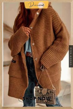 Casual Solid Pocket Hooded Collar Tops Sweater(6 Colors) Hooded Sweater Coat, Hooded Knit Cardigan, Loose Knit Cardigan, Pullover Mode, Straight Clothes, Knitting Women Cardigan, Pullover Outfit, Womens Sweaters, Knitted Hood