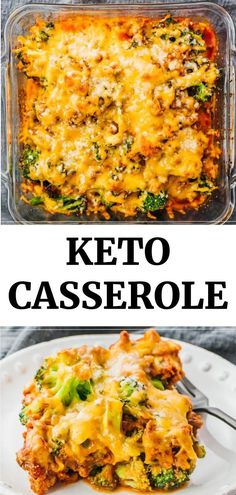 two pictures showing different types of casserole with broccoli and cheese on top