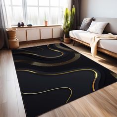 a black area rug with gold lines on it in a living room next to a couch