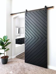 a black sliding door in the corner of a room with a potted plant next to it