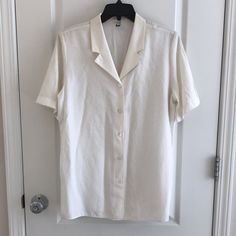 Nwot Has Been In Storage For A While And Has Gotten A Single Yellow Spot, Which I Have Pointed Out Size 40 Eu = Size 12 Us White V-neck T-shirt With Button Closure, White T-shirt With Buttons Relaxed Fit, White Relaxed Fit T-shirt With Buttons, White Short Sleeve T-shirt With Buttons, Classic Short Sleeve Button T-shirt, White Top With Button Closure And Camp Collar, Cream Collared Top With Placket, White Short Sleeve Tops With Buttons, White Short Sleeve Blouse With Placket