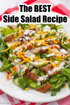 the best side salad recipe on a white plate with red and white checkered table cloth