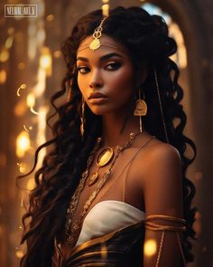 a woman with long black hair and gold jewelry on her head, standing in front of lights