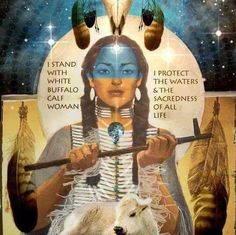 an image of a native american woman holding a stick with feathers on her head and the words, i stand with white buffalo & the waters