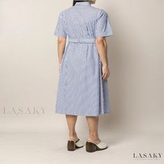 Lasaky - Cotton Striped Maxi Dress with Long Belted Shirt Collar and Short Sleeves Casual Cotton Office Dress, Casual Cotton Midi Dress For Office, Casual Summer Midi Dress For Office, Tie Waist Shirt, Basic Skirt, Striped Maxi, Skirt Skirt, Striped Maxi Dresses, Polo Collar