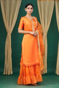 Shop for Neha Khullar Orange Tiered Sharara Set for Women Online at Aza Fashions Kurta And Dupatta, Sheer Dupatta, Embroidered Leaf, Embroidered Leaves, Types Of Work, Embroidered Border, Orange Leaf, Sharara Set, Set For Women