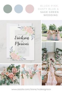 the wedding color scheme for blush pink, dusty blue and sage green