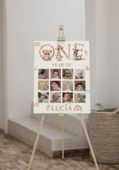 an easel with a one year photo on it