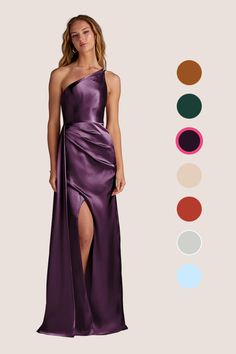 a woman in a long purple dress with different color options on the side and an image of