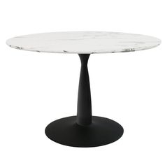 an oval marble dining table with black pedestals and a white marble top, viewed from the front