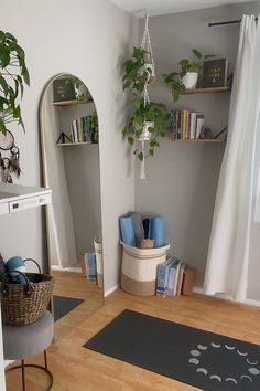 a living room filled with furniture and a potted plant next to a mirror on the wall