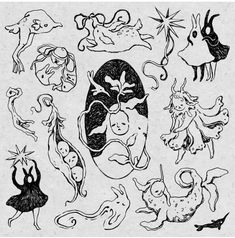 black and white drawing of various animals on paper