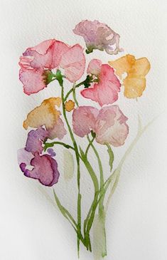 a watercolor painting of pink and yellow flowers