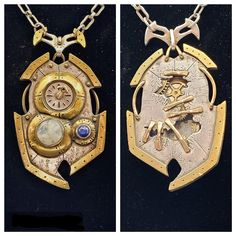 A steam punk, si-fy fantasy pendant with a 1.5 mm garnet set in a 14k gold clock hand that spins around a silver face attached to a brass dome sitting on a silver base with a rainbow moonstone and blue star sapphire set along side it. The back has brass stitching on the silver base with watch parts peaking through. The front and back are both framed by brass as well as hand scribed details. Elements: wind, earth Key words: mystery, self-discovery, intuition, dreams, prosperity, health, awareness Unique Metal Jewelry For Fantasy Events, Gold Metal Jewelry For Fantasy Events, Gold Steampunk Round Pendant Jewelry, Bronze Steampunk Jewelry With Engraving, Steampunk Medallion Engraved Jewelry, Steampunk Bronze Engraved Jewelry, Gold Steampunk Jewelry With Round Pendant, Silver Steampunk Collectible Jewelry, Steampunk Bronze Pendant Jewelry