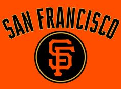 the san francisco giants logo on an orange background with black and gold lettering that reads,