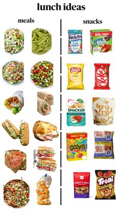 an image of lunch ideas and snacks on the same page, with text overlay