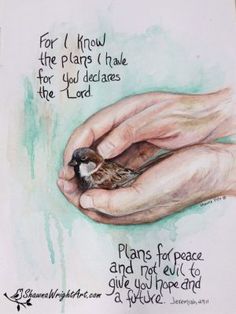 a hand holding a small bird with a bible verse on it's side and the words for i know the plans i have for you dedicates in the lord