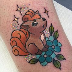 a small squirrel on the leg with flowers and stars around it's legs,