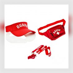 a red hat, fanny bag and lanyard with the word guard printed on it