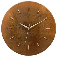 a brown clock with gold hands and numbers on it's face is shown in front of a white background