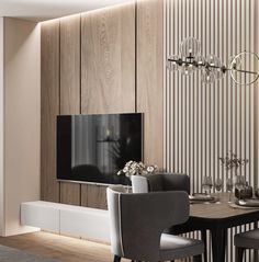 a modern dining room with wood paneling and white chairs, a television on the wall