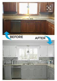 before and after pictures of a kitchen remodel with white cabinets, stainless steel appliances and granite counter tops