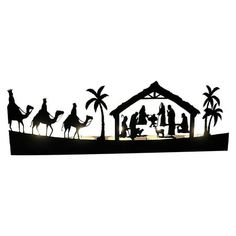 a nativity scene with the birth of jesus and three wise men in silhouettes