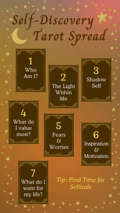 the seven steps to self - discovery tarot spread with stars and text on it