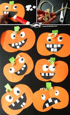 paper pumpkins with faces cut out to look like they have eyes and mouths on them