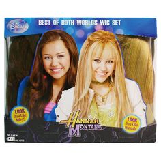 two girls with long blonde hair in front of a blue box that says, best of both world's wig set