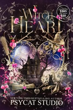 a book cover for the witch's heart by psycat studio, with an image of a castle in the background