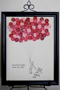 a photo frame with a drawing of a man and woman holding balloons in the shape of hearts