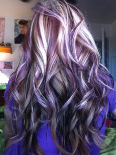 Silver Purple Hair Balayage Brunette, Brown Hair With Blonde And Purple, Brunette With Blonde And Purple Highlights, Dark Purple Hair With Blonde Highlights, Light Purple Hair Highlights, Blond Hair With Purple Highlights, Purple Hair Brunette, Dark Purple Hair With Blonde